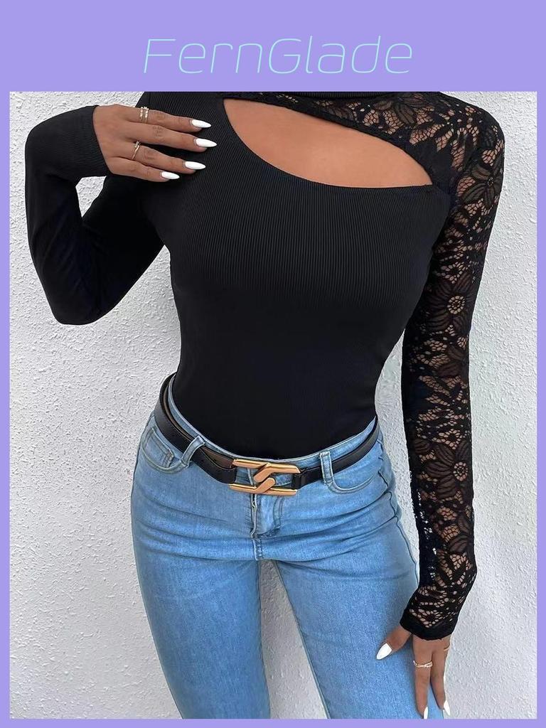 Streetwear Lace Spliced Long Sleeve T Shirt For Women With High Neck And Soft Acrylic Fabric