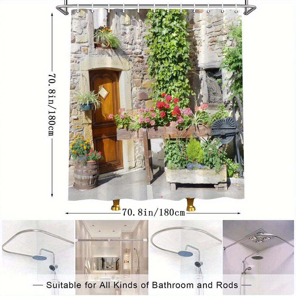 Shower Curtain: Charming Stone Cottage with Vibrant Flowers and Greenery for a Cozy and Inviting Bathroom Decor