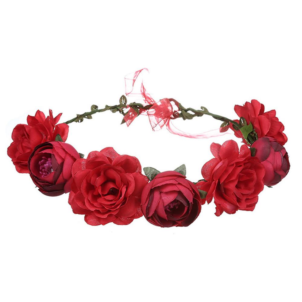 Mode Bohemia Girlang Rosblomma Krona Damhuvudband med Justerbart Band Flickor Blommig Krans Brud Halo Huvudprydnad