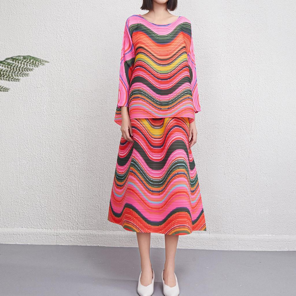 Miyake Plus Size Autumn Stripe Bodycon Skirt & Loose Pleated Top Two-Piece Set for Women