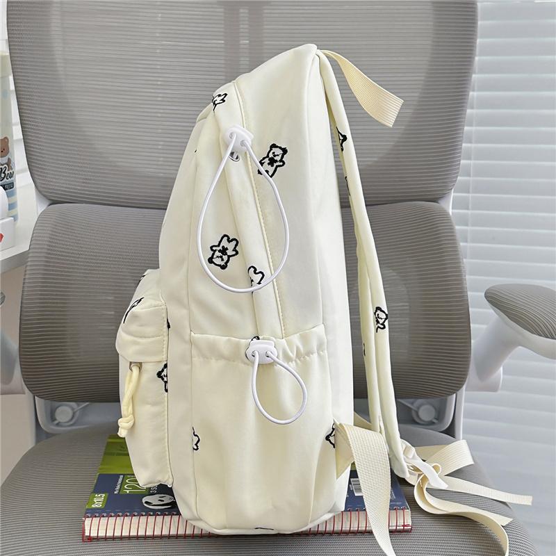 Cute Bear Print School Backpack with Front Pocket Side Drawstrings Casual Daypack for Daily Use