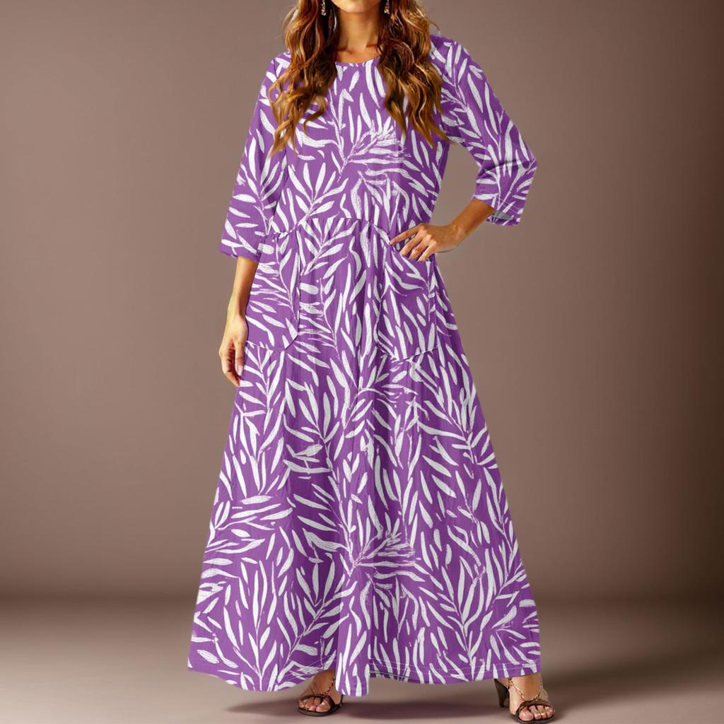 Women's Casual Fashion Floral Print Three-quarter Sleeve Long Dress With Pockets