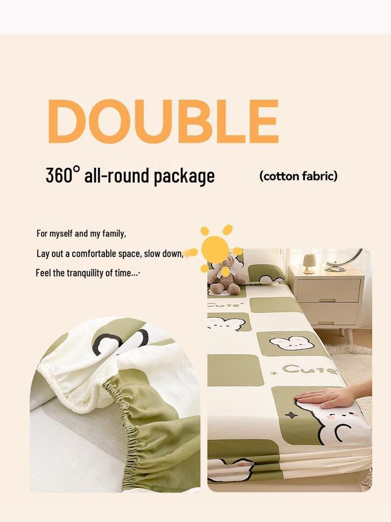 Pure Cotton Cartoon Print Fitted Sheet & Solid Color Mattress Protector Three-Piece Set