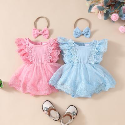 Sweet Summer Sleeveless Lace Romper with Mesh Skirt - Newborn Girl Floral Dress