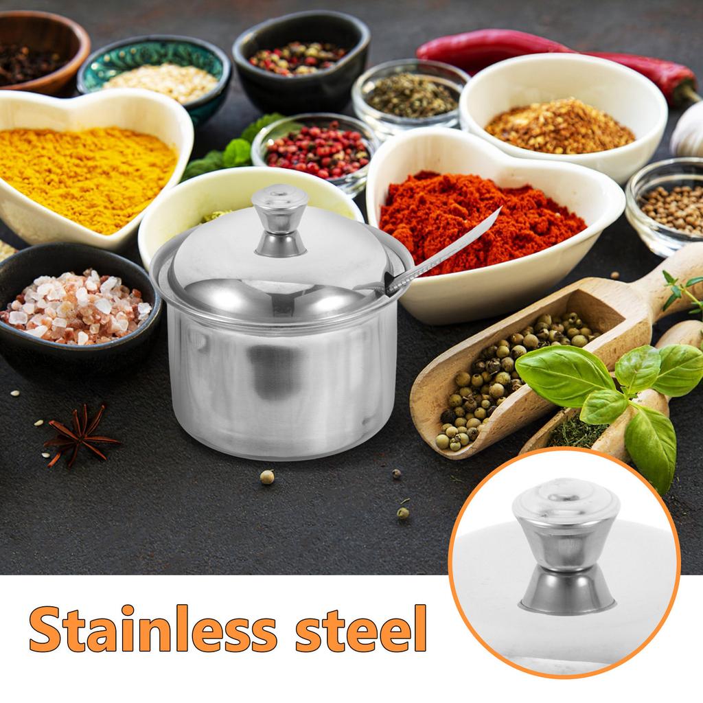 Stainless Steel Sugar Bowl with Lid Spoon Airtight Condiment Dispenser for Salt Pepper Spices Coffee Creamer Kitchen Food