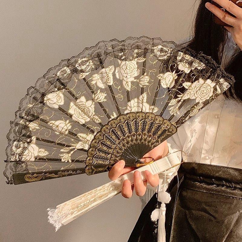 Folding Fan Lace Flower Decor Chinese Style Fan Hand Held Anitque Art Craft Japnese Summer Female Dance Home Party Decoration