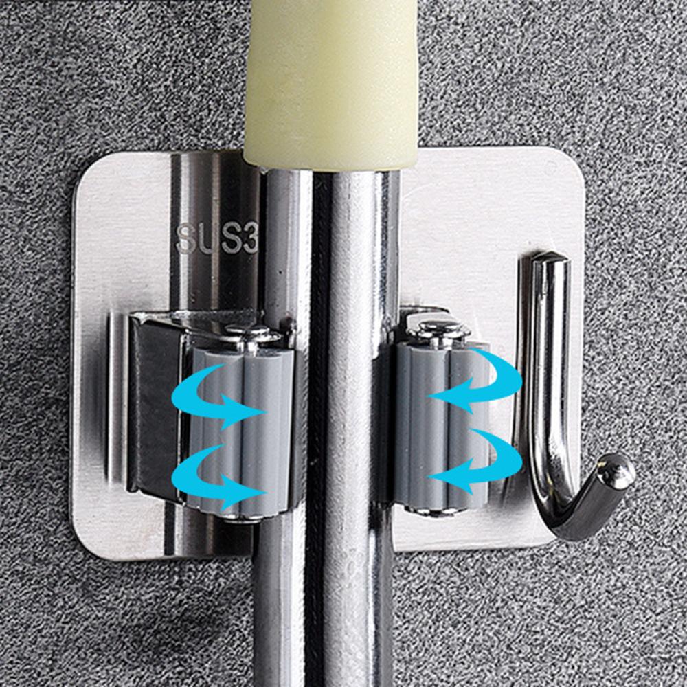 Stainless Steel Storage Wall Hanging Mop Hook Hanger Punch-Free Bathroom Mop Clip Strong Adhesive Hook