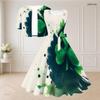 Women Plus Size Two Piece Dress Set Square Neck Sleeveless Tie Waist Flared Dress Short Sleeve Cropped Shrug Green White Shamrock Printed
