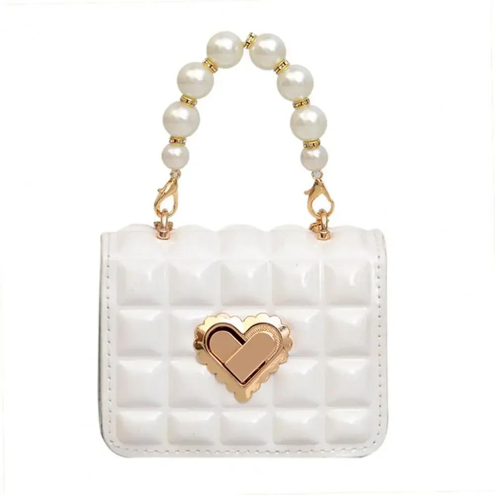 Women Handbag Faux Pearl Handle Golden Love Heart Detachable Metal Chain Mini Elegant Girl Single Shoulder Bag Purse Cute Wallet