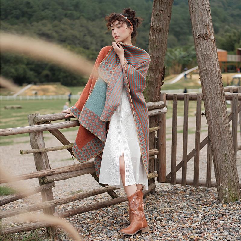 Ethnic Style Imitation Cashmere Shawl: Versatile Travel-Friendly Warm Cloak, Scarf, Resort Cape Outerwear.