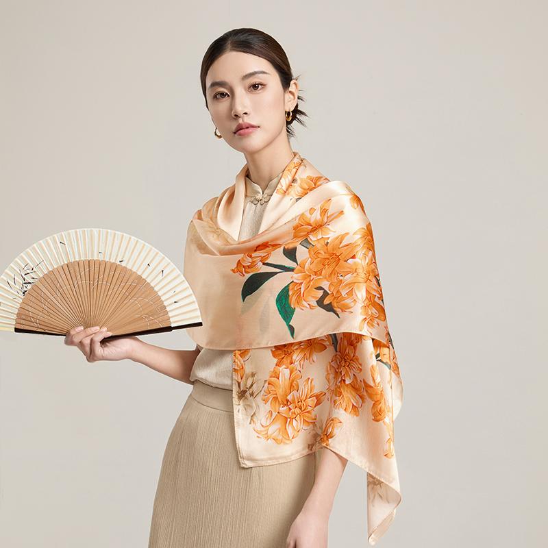 100% Silk Scarf Women Print Hangzhou Handkerchief Pure Silk Neckscarves Luxury Bufandas Silk Shawl   Long Scarf