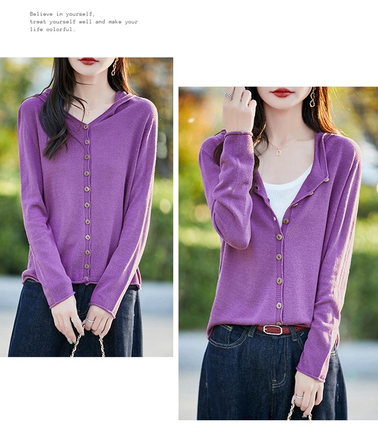 Tencel Linen Hooded Knit Cardigan - Women's Long Sleeve Solid Color Loose Fit Top