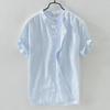 Men's Summer Casual Cotton-Linen Short Sleeve Stand Collar Shirt - Dark Blue Retro Chinese Style
