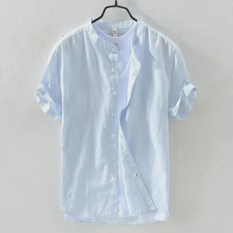 Men's Summer Casual Cotton-Linen Short Sleeve Stand Collar Shirt - Dark Blue Retro Chinese Style