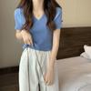 Sommer Unregelmäßigen Kreuz V-ausschnitt Kurzarm Strick Pullover Mädchen Mode Elegante Dünne Top
