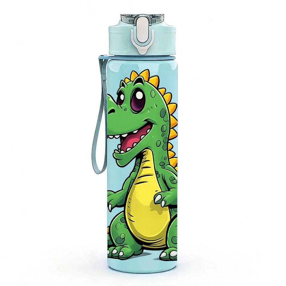 1PC Cute Green Dinosaur Cartoon Print 750ml Color Plastic Sports Water Bottle Leakproof Flip Straw Lid Suitable for Sports Office Home Use