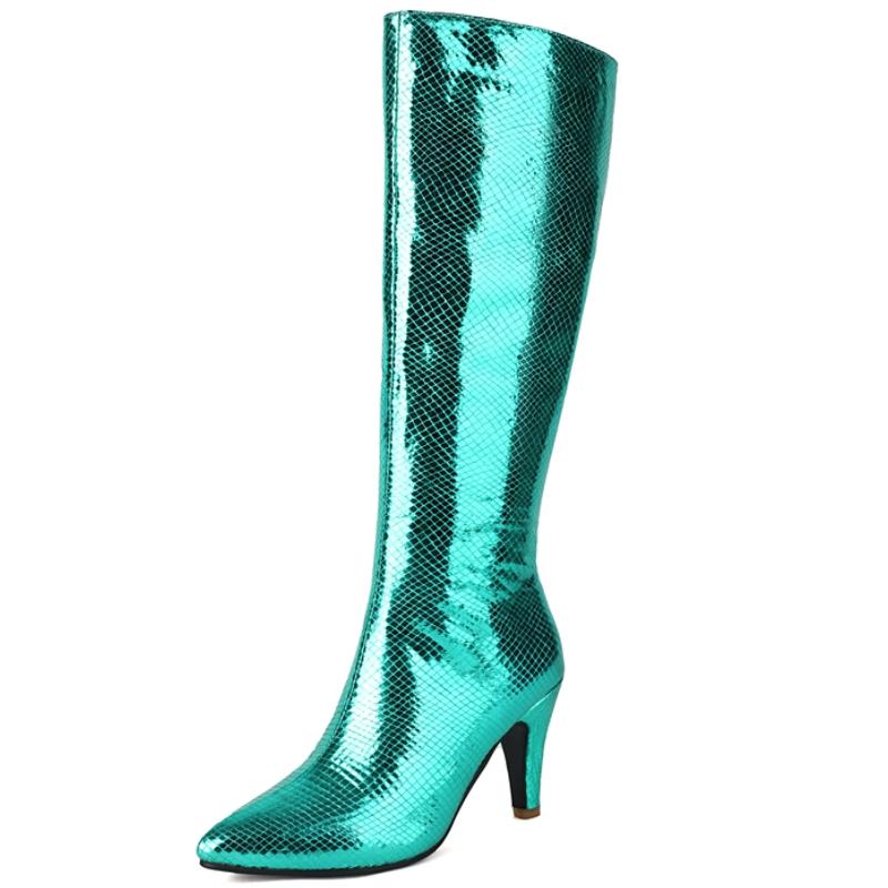 

Luxury Blue High Boots For Women Shoes Sexy Point toe High Heels Winter Spring Gold Rose Women s Knee High Boots Long Shoes Lady 39 зелёный
