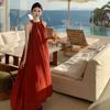 New Chinese Retro Red Shoulder Digging Holiday Dress Summer Dopamine Neck Strap Holiday Beach Dress