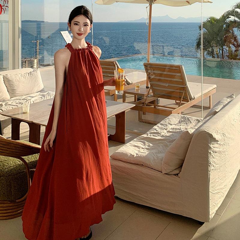 

New Chinese Retro Red Shoulder Digging Holiday Dress Summer Dopamine Neck Strap Holiday Beach Dress L