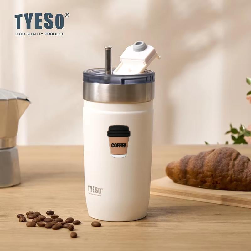 Tyeso 550ML 304 Stainless Insulated Mug Matte Minimalist Tumbler with Straw Leakproof Coffee Cup for Ice Drink Hot Beverage Vacuum with Coffee Sticker