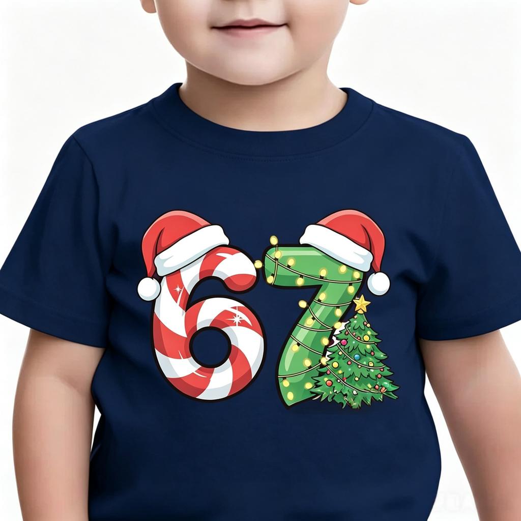 Cheerful Santa Hat Christmas Tree 67 Graphic Kids Short Sleeve T Shirt Soft Light Holiday Casual Boys Girls Birthday Party Wear