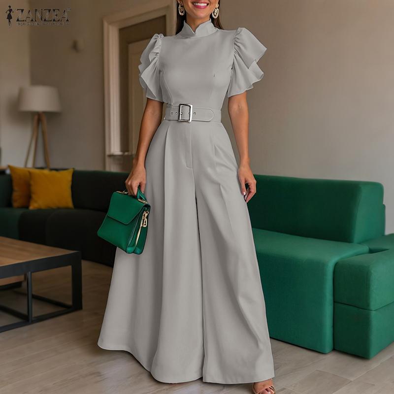 ZANZEA Womens Casual Stand Collar Short Sleeve Wide Leg Long Jumpsuits