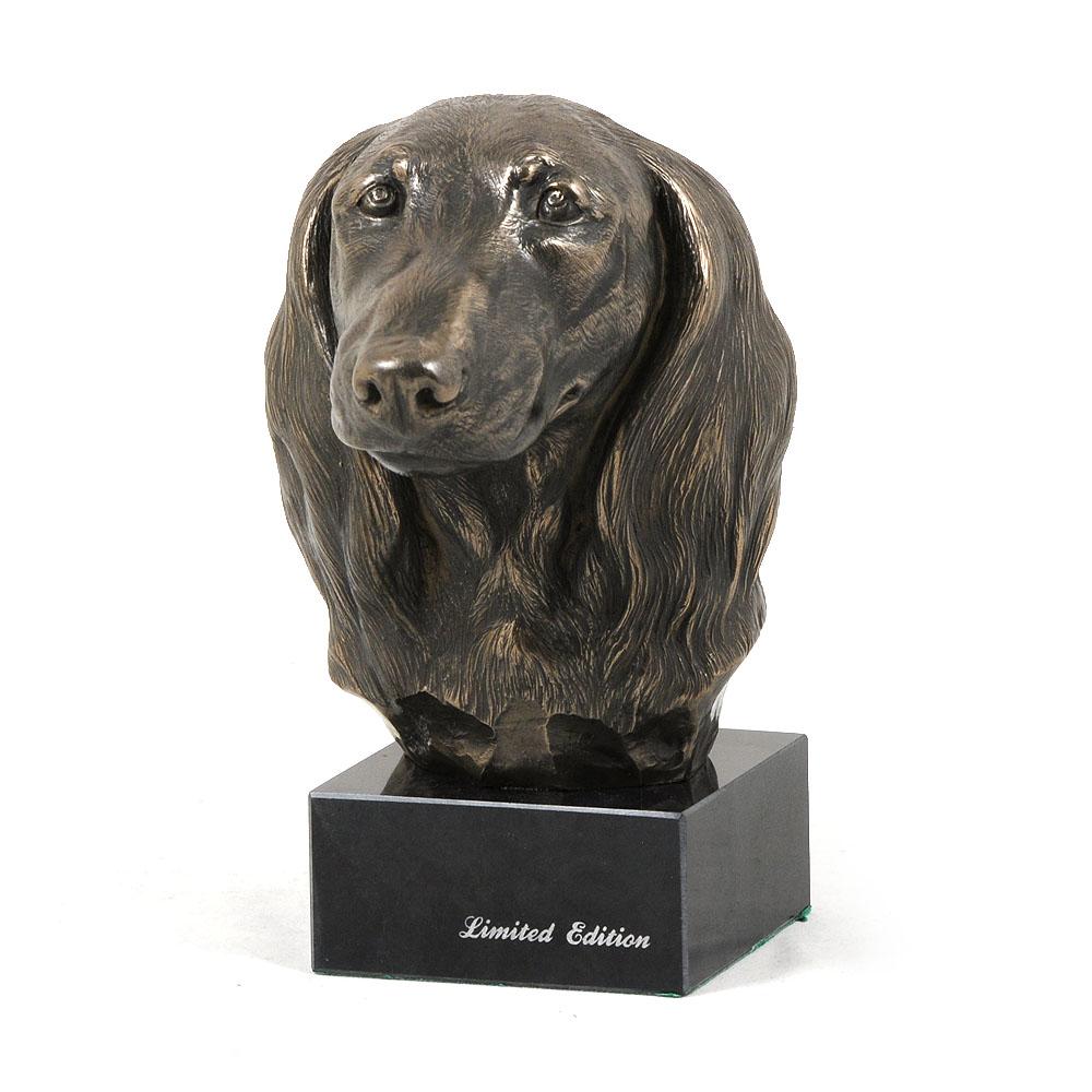 Dackel Langhaar, Wiener Hund, Dachshund - Hundestatue, Büste auf Steinsockel, Skulptur, Trophäe für Hundeausstellung der Marke Art-Dog