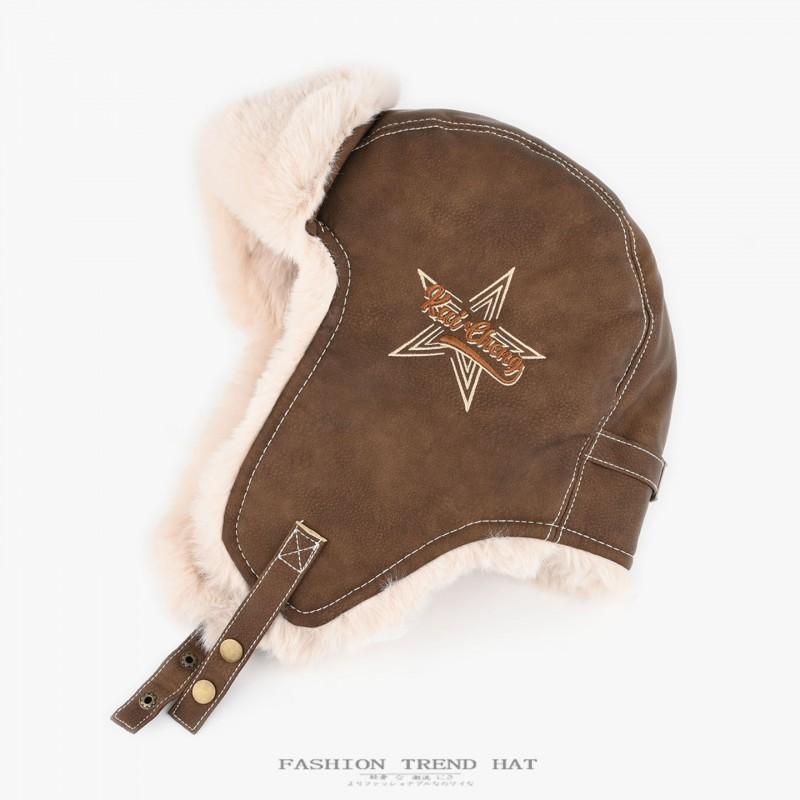 Unisex Vintage Leather-Style Embroidered Winter Warm Hat With Ear Protection Foldable Pilot Cap