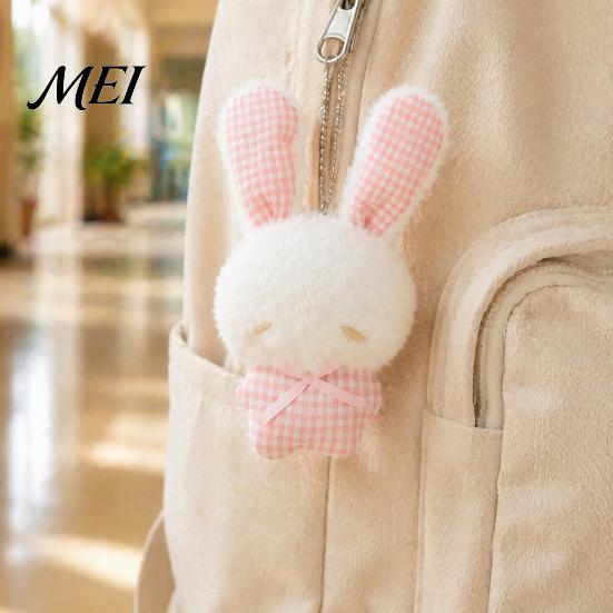 Fluffy Animal Pendant Ribbon Bow Rabbit Plush for Backpacks, Stuffed Plaid Ear Keychain Bunny Bag Charm, Soft Decoration Lightweight