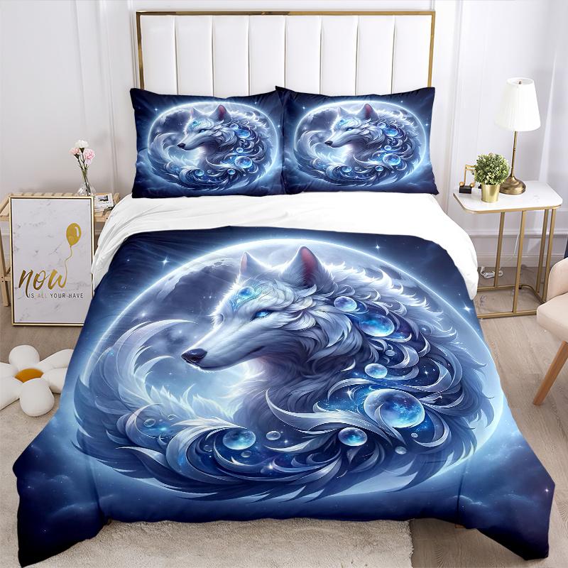 3pcs Enchanted Moonlit Wolf Bedding Set - Includes 1 Quilt Cover and 2 Pillowcases, Comfortable Bedding with Stylish Design for Bedroom, Machine