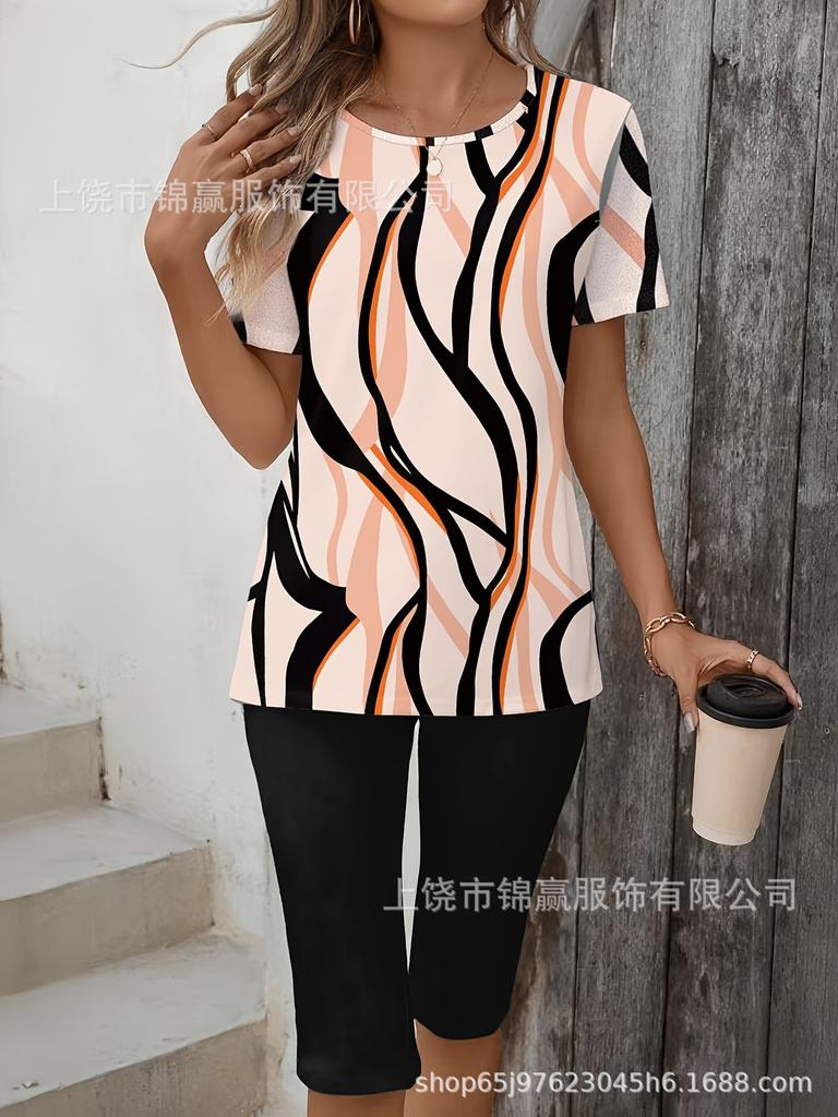 Gradual change/flower printing casual suit, round neck short sleeves + cropped pants for home and out