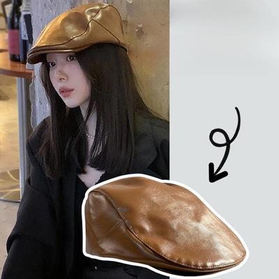 Hat Female PU Leather Forward Hat British Retro American Newsboy Hat Street Versatile Painter Duck Tongue Beret