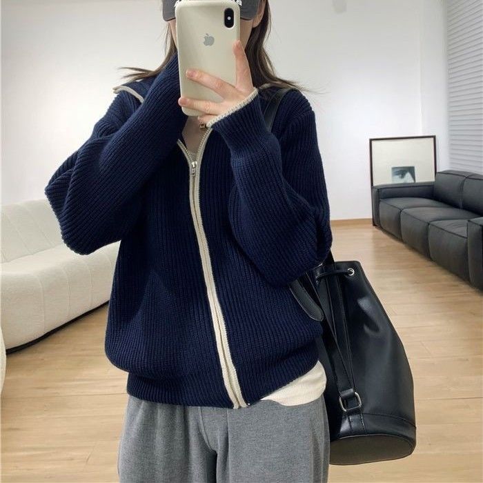 Sweater jacket zipper stand-up collar lazy new thickened loose women's Korean fashion color matching top