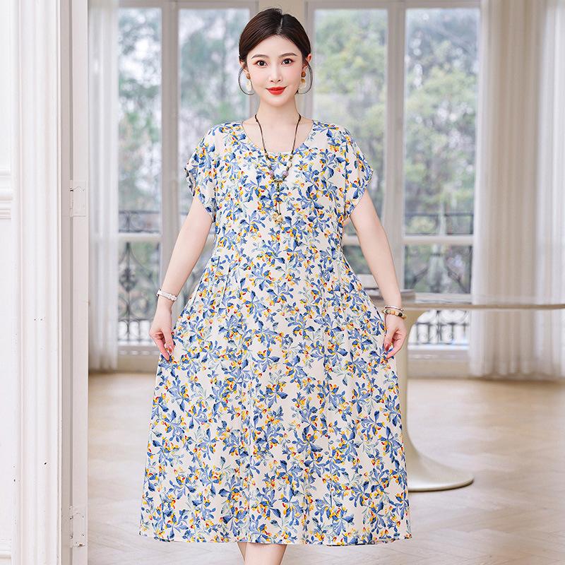 New cotton and silk dress summer large size loose fat mother covering belly and looking thin casual floral long skirt