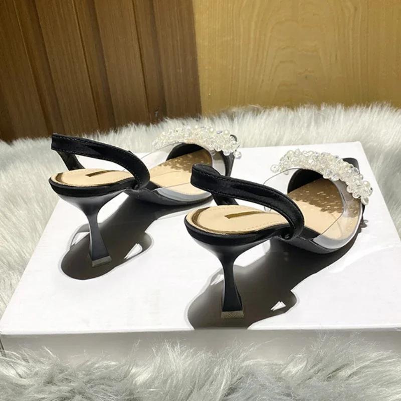 2024 Spring and Autumn New High Heel Sandals for Women, Pearl Transparent Baotou Sandals, Pointed Water Diamond Fine High Heels