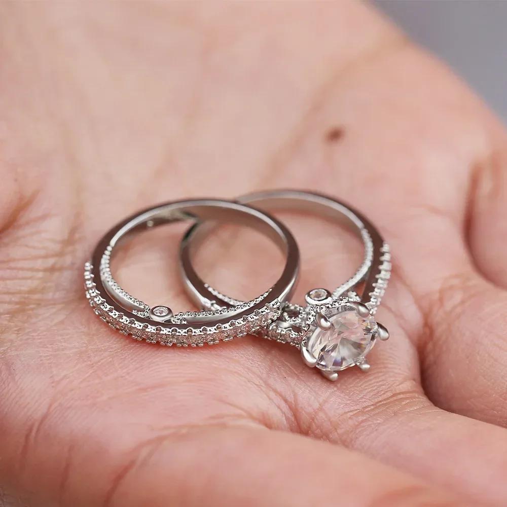 New Wholesale 2Pc Wedding Ring Set With Clear Cubic Zirconia Eternity Love Luxury Engagement Rings For Women & Girlfriend