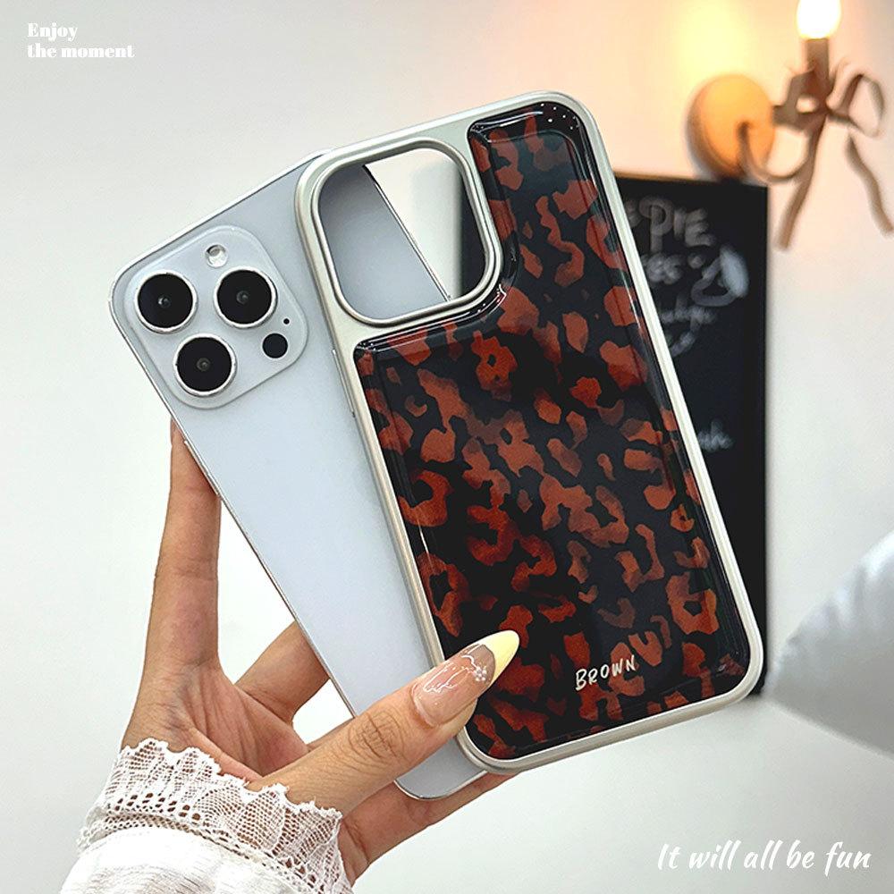 Applicable To Apple 16PM Brown Leopard Pattern Anti Fall Mobile Phone Case Iphone15pro Silver Edge Glue Drop Protective Case