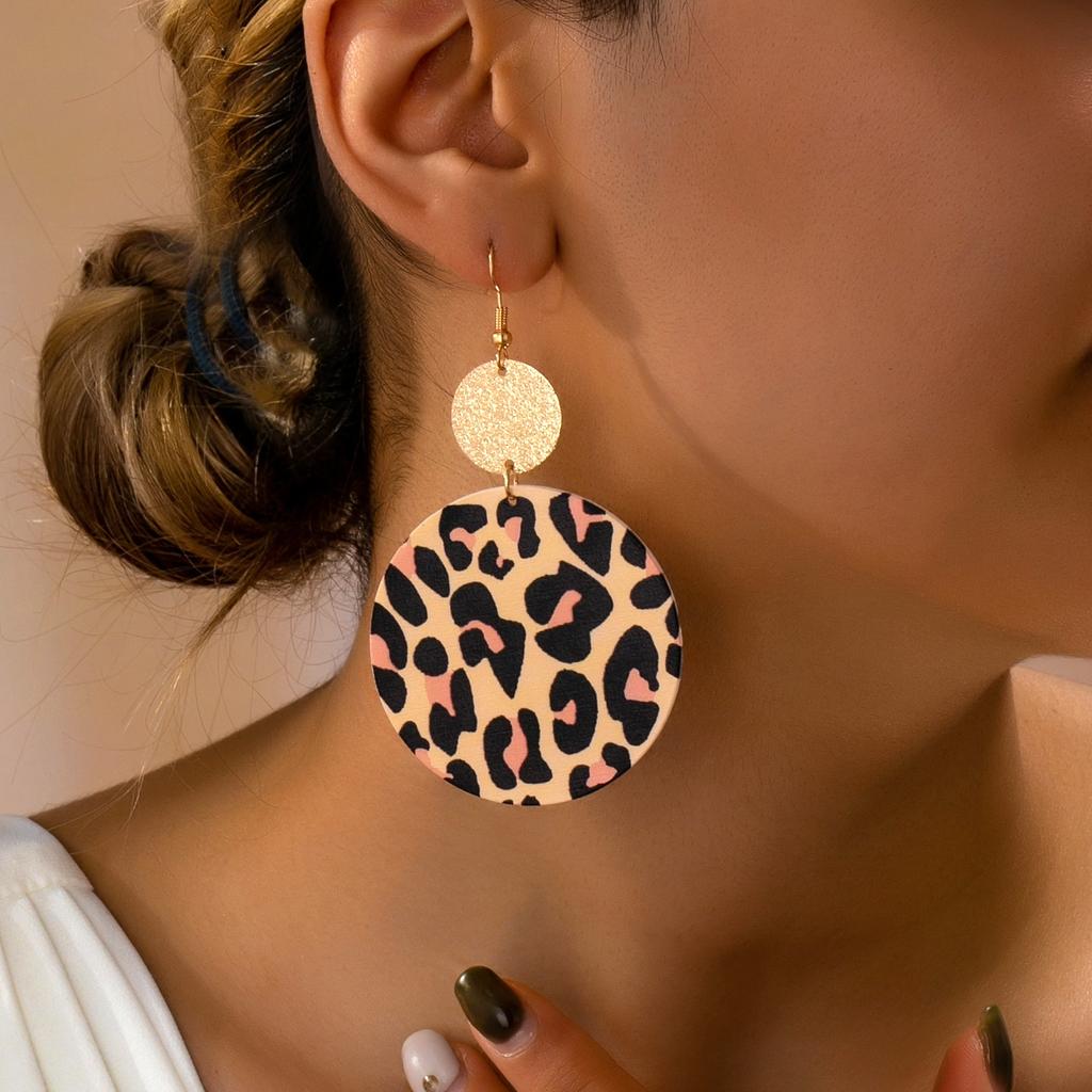 Women's Earrings, Exaggerated Geometric Round Leopard Print Pattern Earrings, Suitable for Daily Wear and Vacation Wear