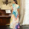 Women Plus Size V Neck Short Sleeve Colorful Swirl Printed Long Maxi Dress
