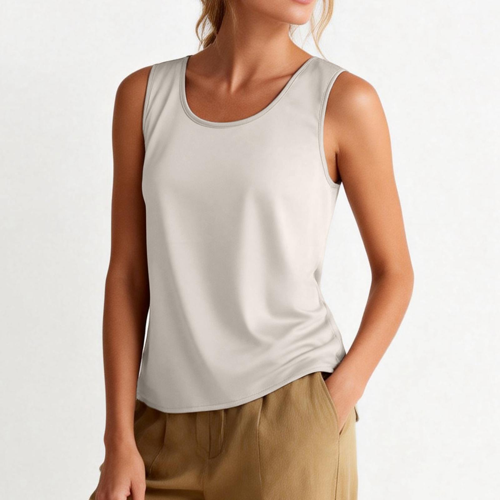 Women s Satin Round Neck Fashion Loose Sleeveless T-Shirt Vest S