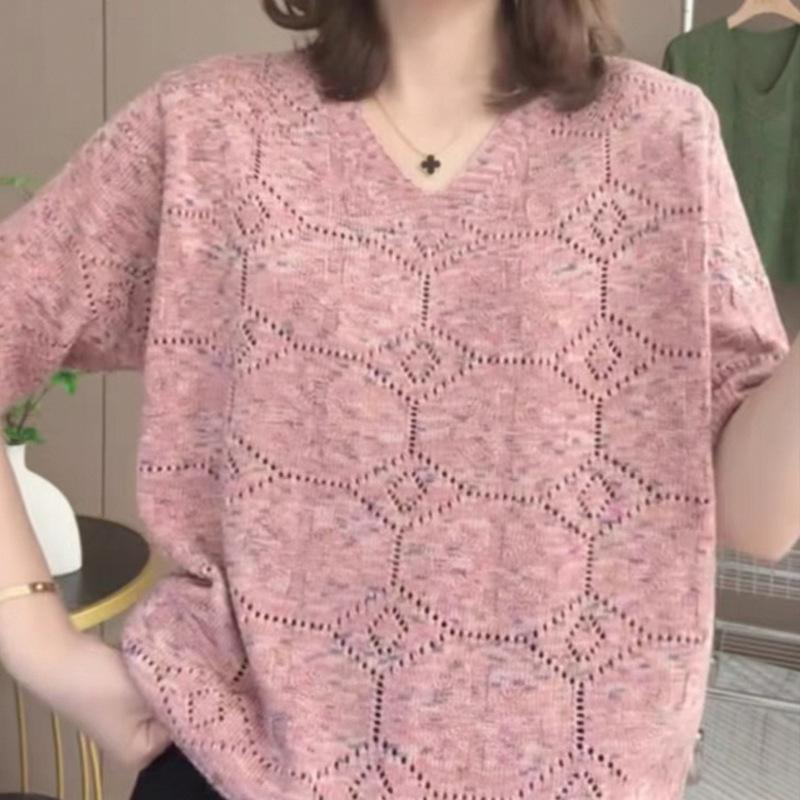 Women's Color Sweater Loose V-neck Pullover Knitted Sweater Short Sleeved Knitted T-shirt