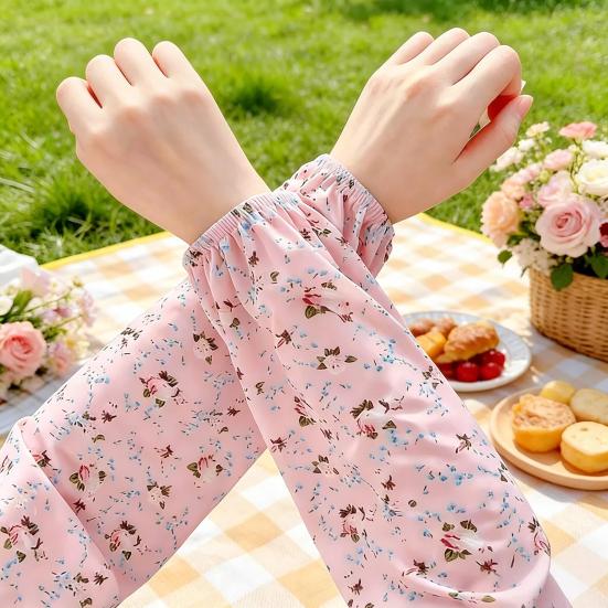 Ice Silk Arm Sleeves for Women, UV Sun Protection Cooling Sleeves with Floral Print, Loose Fit Elastic Cuffs Arm Covers for Cycling Driving Working
