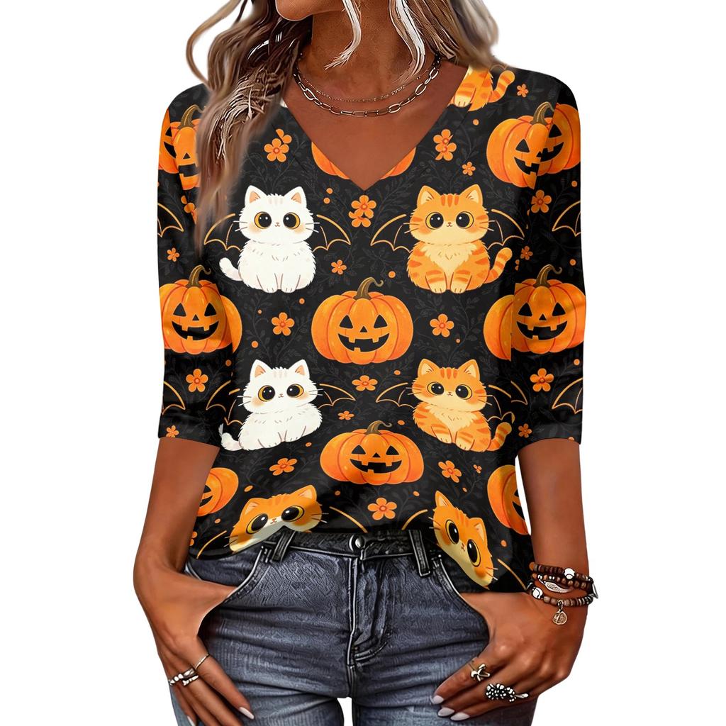 Women's Fashion Casual Halloween Print V-Neck Three-Quarter Sleeve Top