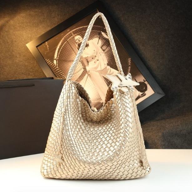 Woven big bag new fashion leather women's bag fashion trend large capacity shoulder bag grid bucket bag