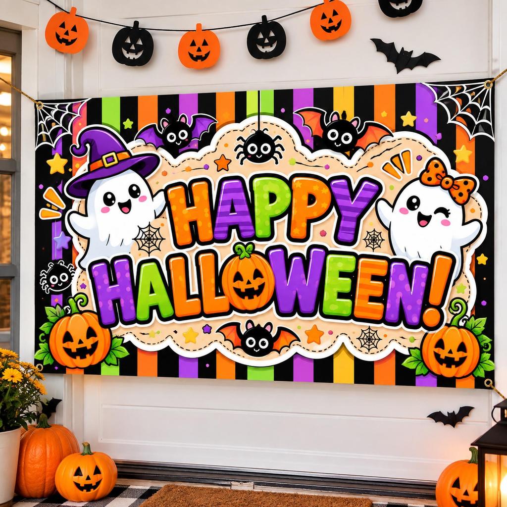Happy Halloween Banner Template, 60x36 Halloween Party Banner, Cute Ghost Pumpkin Decor, Printable Digital Backdrop