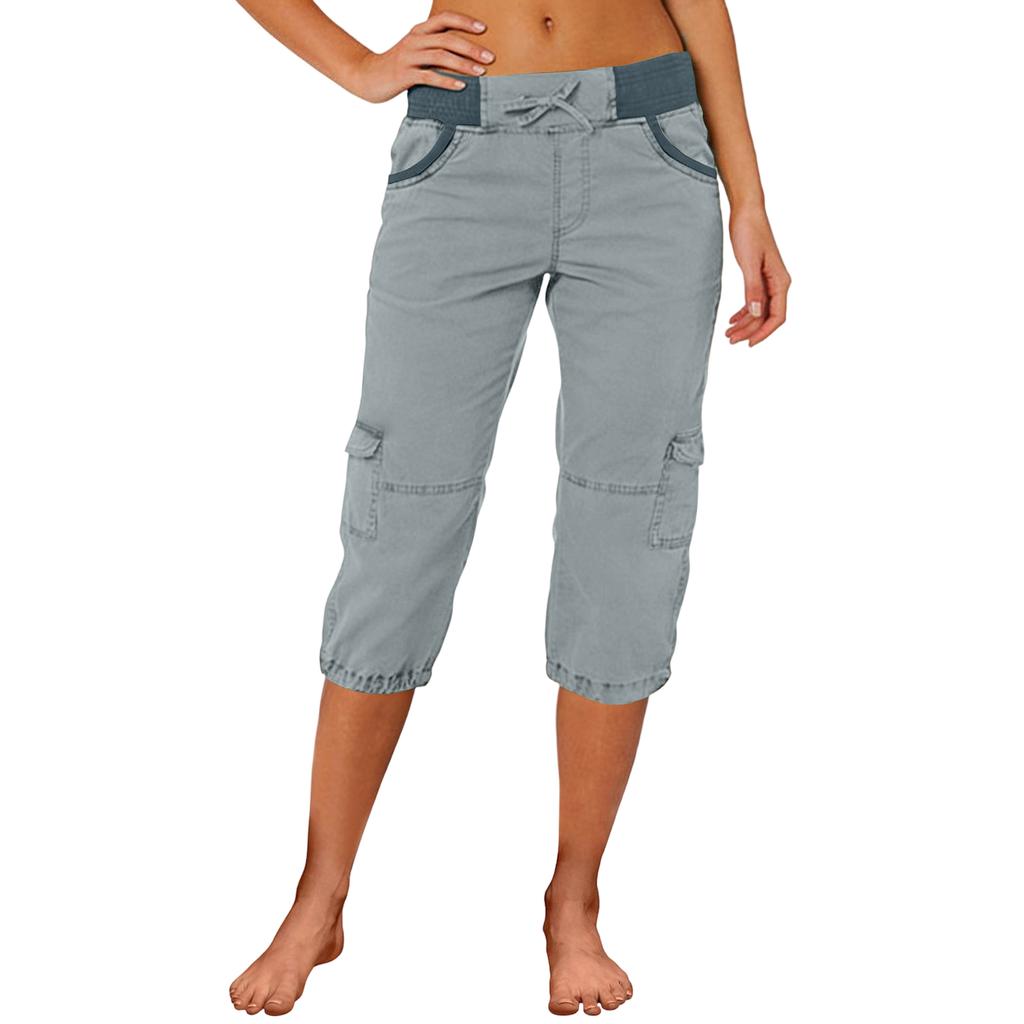 Women Capri Cargo Pants Drawstring Waist Relaxed Fit Lightweight Casual Cropped Trousers with Multiple Pockets