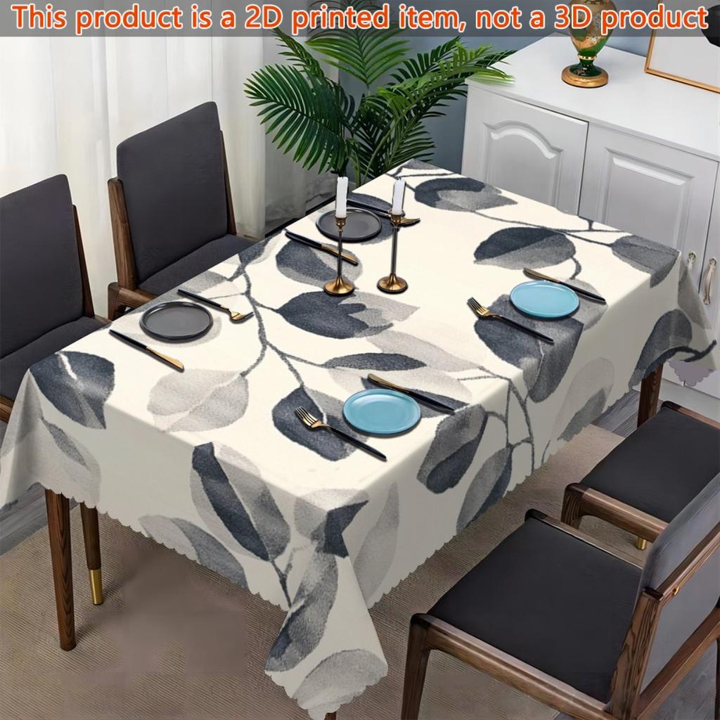 Soft Botanical Leaf Tablecloth, Watercolor Grey Leaf Print,Clean Scalloped Trim, Dirt Resistant for Home Decor Casual Gatherings