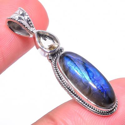 Natural Labradorite,Citrine 925 Solid Sterling Silver Jewelry Pendant 1.42" c6B90