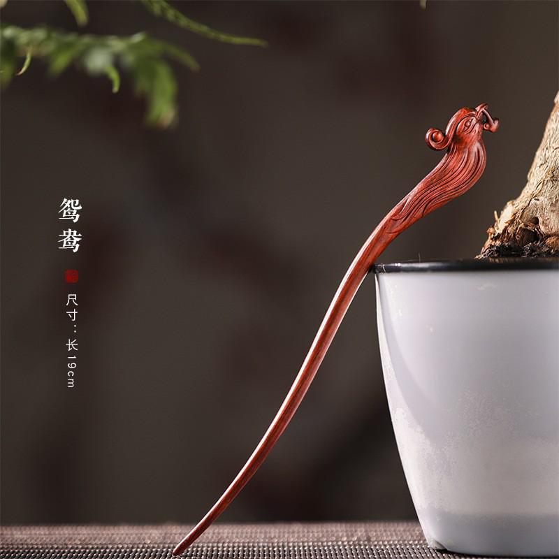 Red Sandalwood Women's Retro Hanfu Hairpins: Hollow Carved Moon Rabbit Wooden Ornaments