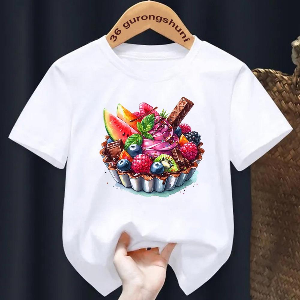 Erdbeerkuchen-Print T-Shirt Kinder Sommermode Kinder Cartoon T-Shirt Rundhals Kurzarm Mädchen T-Shirt Tops 1-14 Jahre